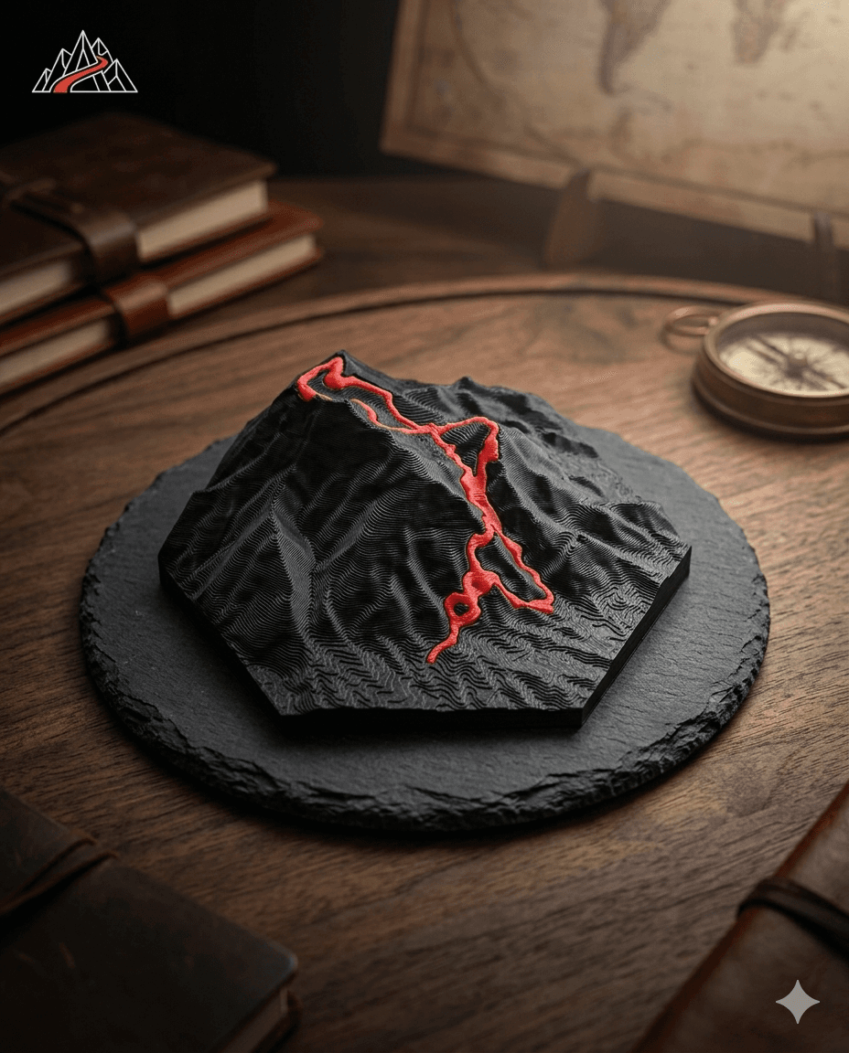 Relleu topogràfic 3D d'una muntanya en negre amb la ruta destacada en vermell, sobre una base de pissarra